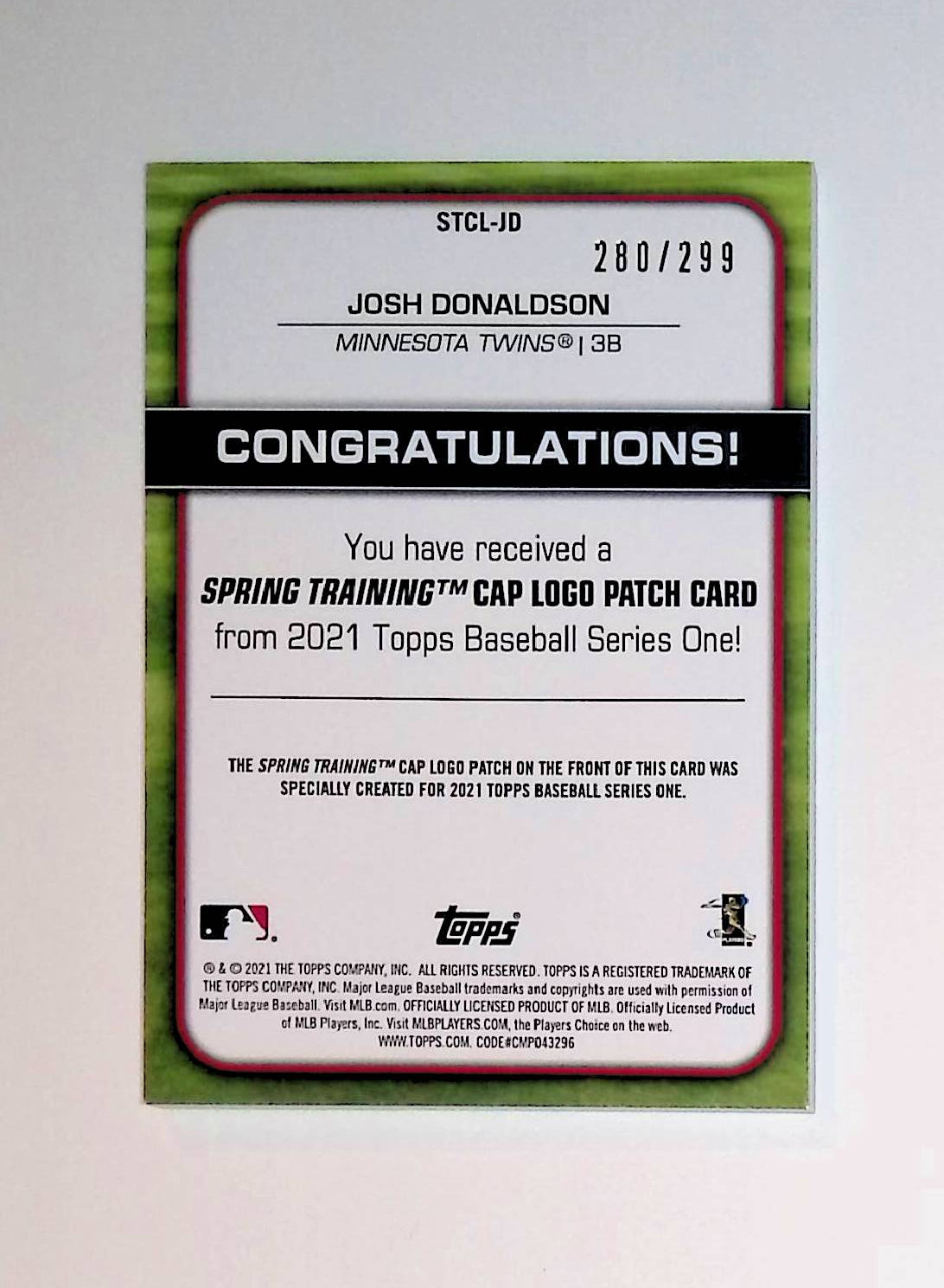 Josh Donaldson 2021 Topps Spring Training Cap Logo Patch #STCL-JD, 280 /299 - LoCo Collectables