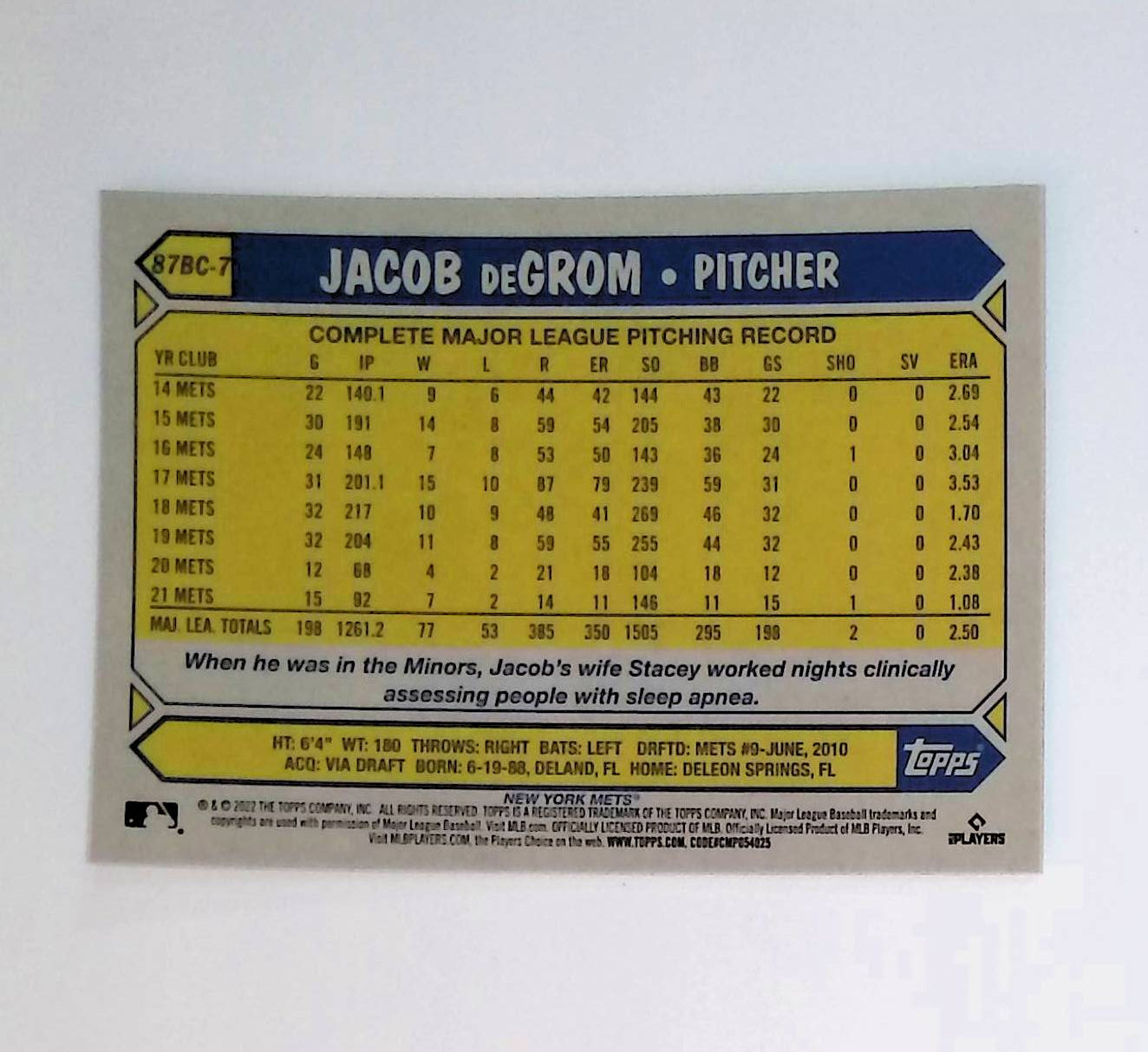 Jacob DeGrom 2022 Topps Chrome '87 Topps #87BC-7 - LoCo Collectables