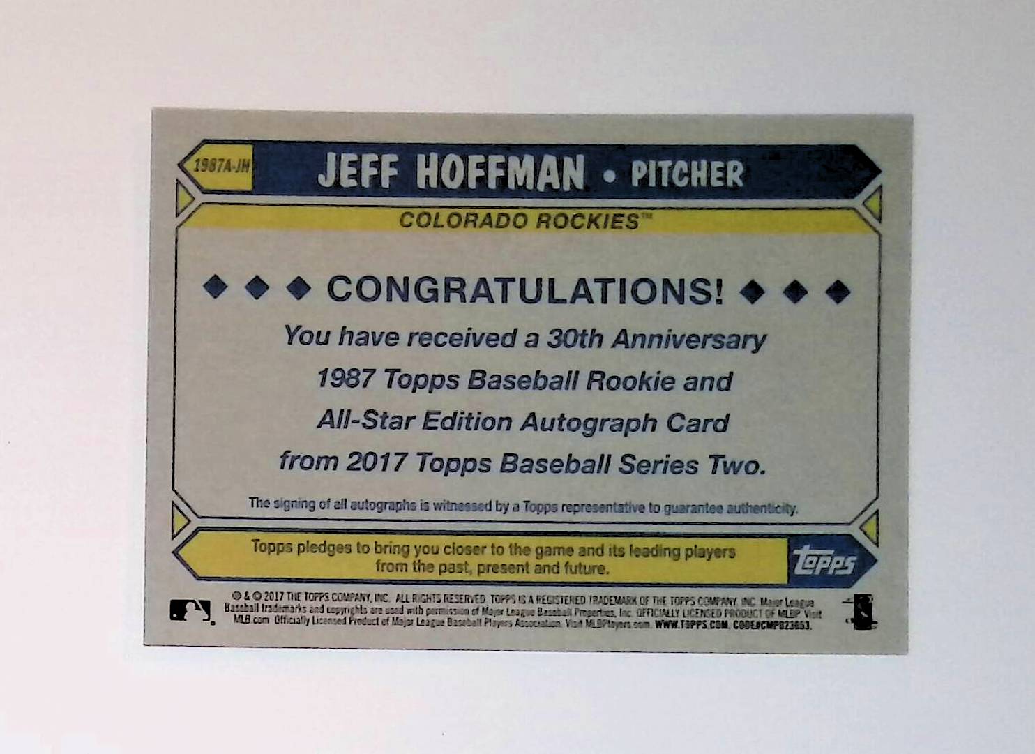 Jeff Hoffman 2017 Topps '87 Topps Autographs #1987A-JH (Rookie Card) - LoCo Collectables