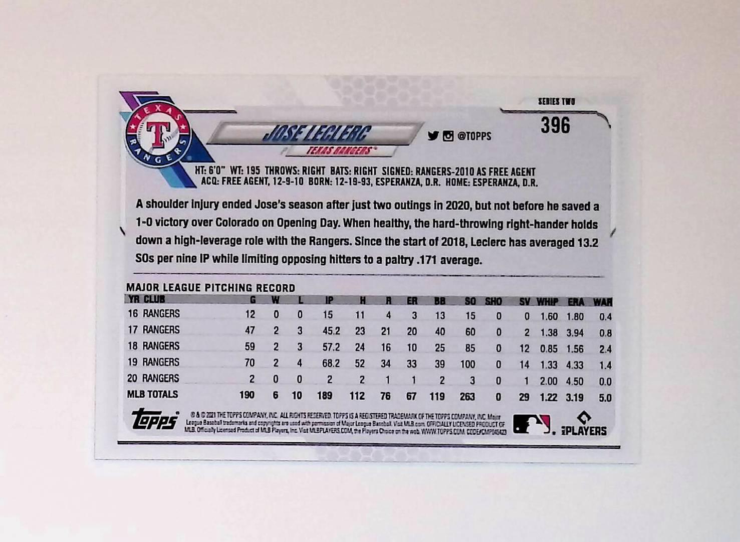 2021 Topps #396 Jose Leclerc Gold Foil - LoCo Collectables