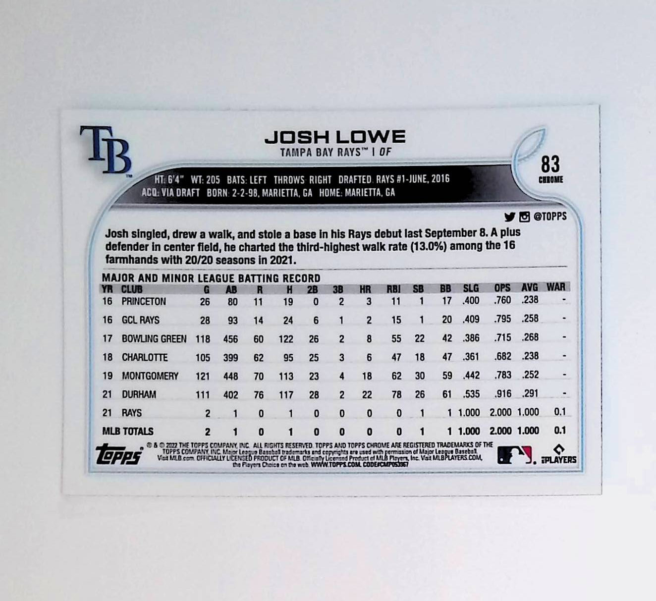 Josh Lowe 2022 Topps Chrome #83 (Rookie Card) - LoCo Collectables