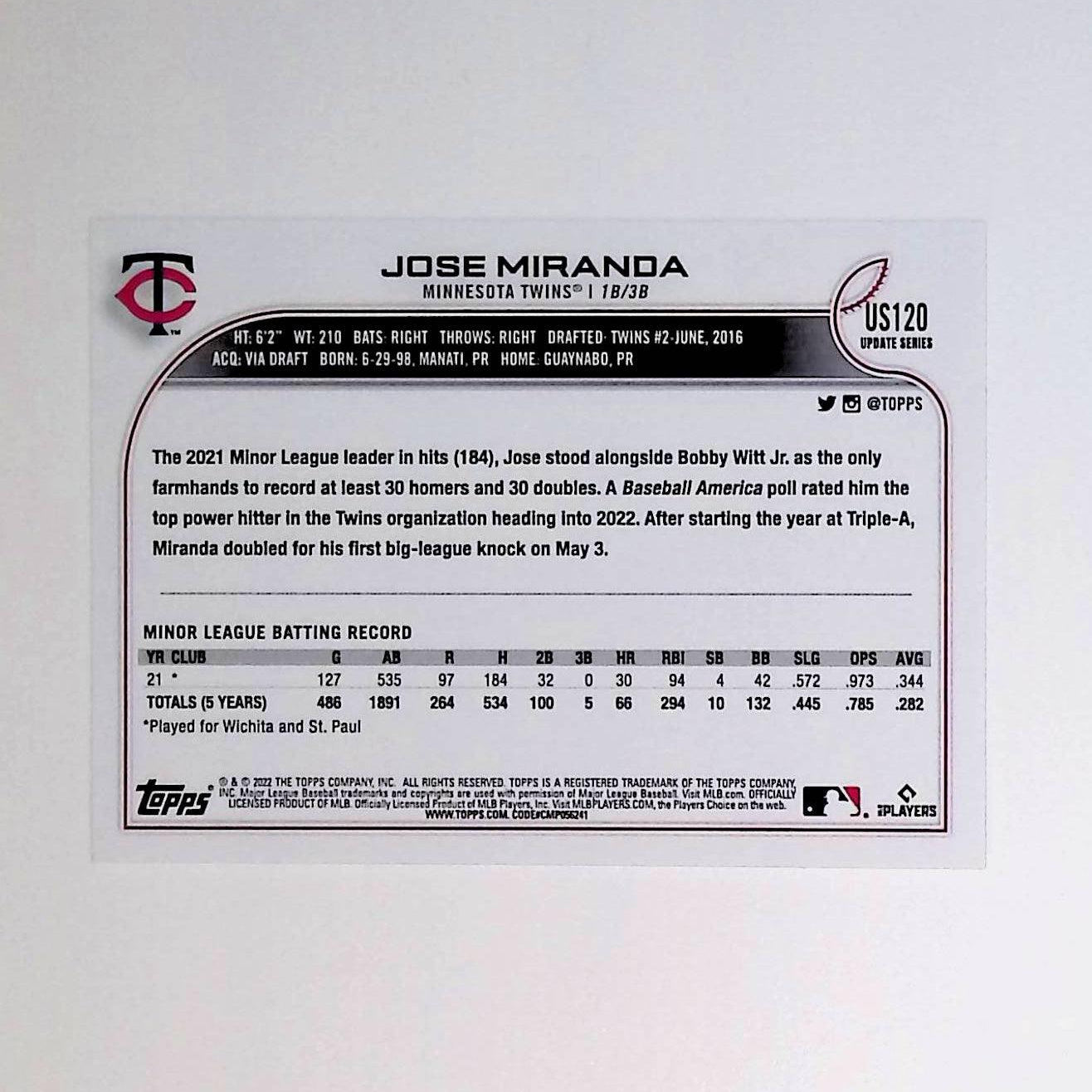 2022 Topps Update #US120 Jose Miranda Rookie - LoCo Collectables