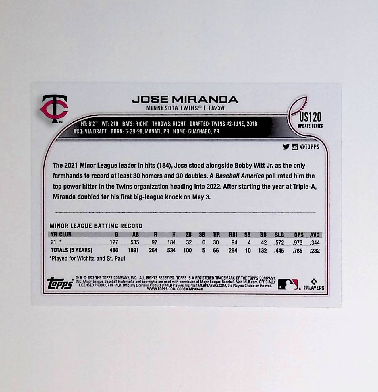 Jose Miranda 2022 Topps Update #US120 (Rookie Card) - LoCo Collectables