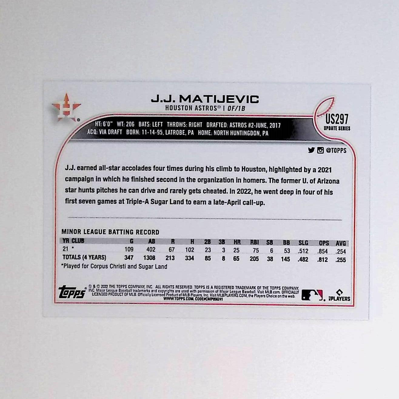 JJ Matijevic 2022 Topps Update Rainbow Foil #US297 (Rookie Card) - LoCo Collectables