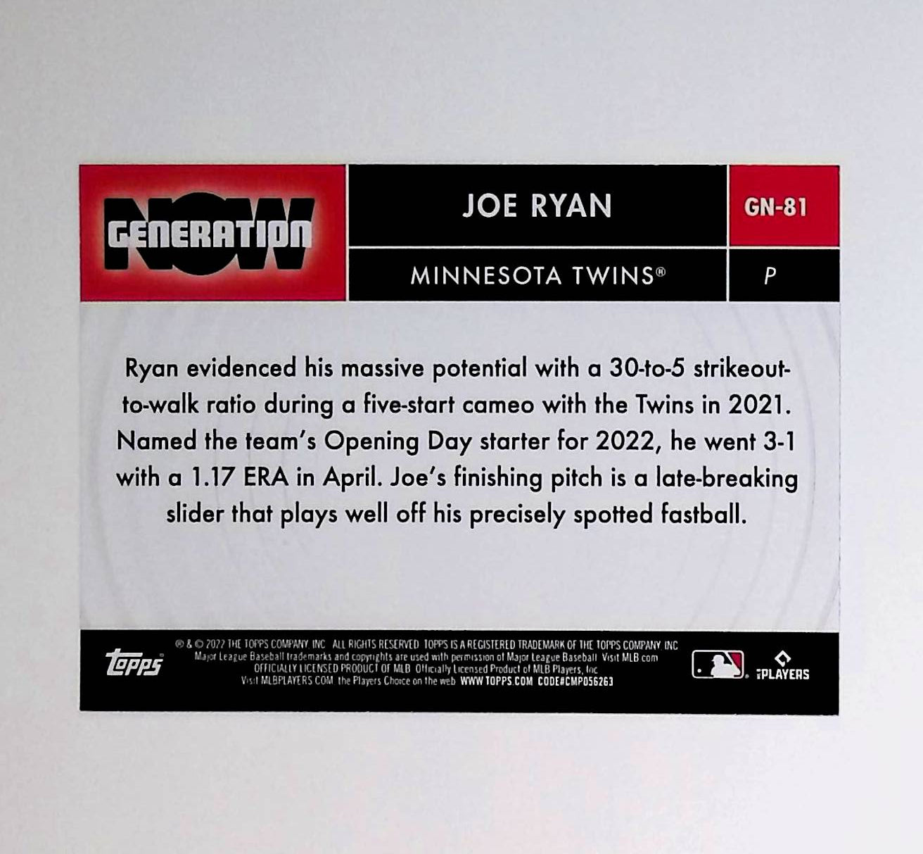 Joe Ryan 2022 Topps Generation Now #GN-81 (Rookie Card) - LoCo Collectables