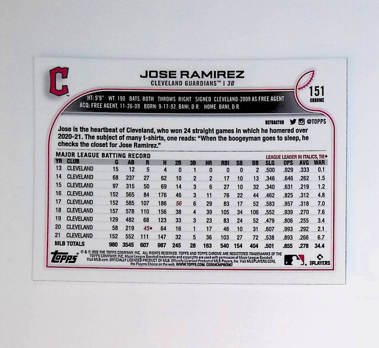 Jose Ramirez 2022 Topps Chrome Refractors #151 - LoCo Collectables