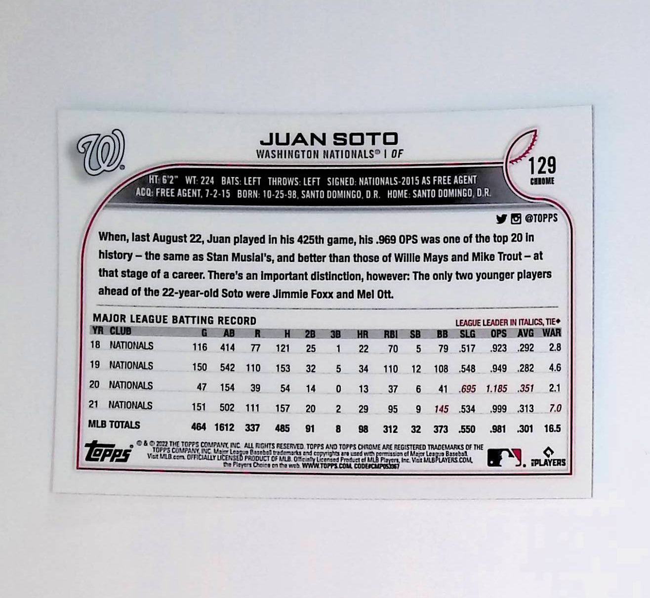 Juan Soto 2022 Topps Chrome #129 - LoCo Collectables