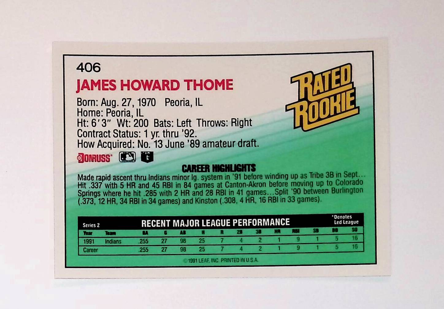 Jim Thome 1992 Donruss #406 Rated Rookie (Rookie Card) - LoCo Collectables