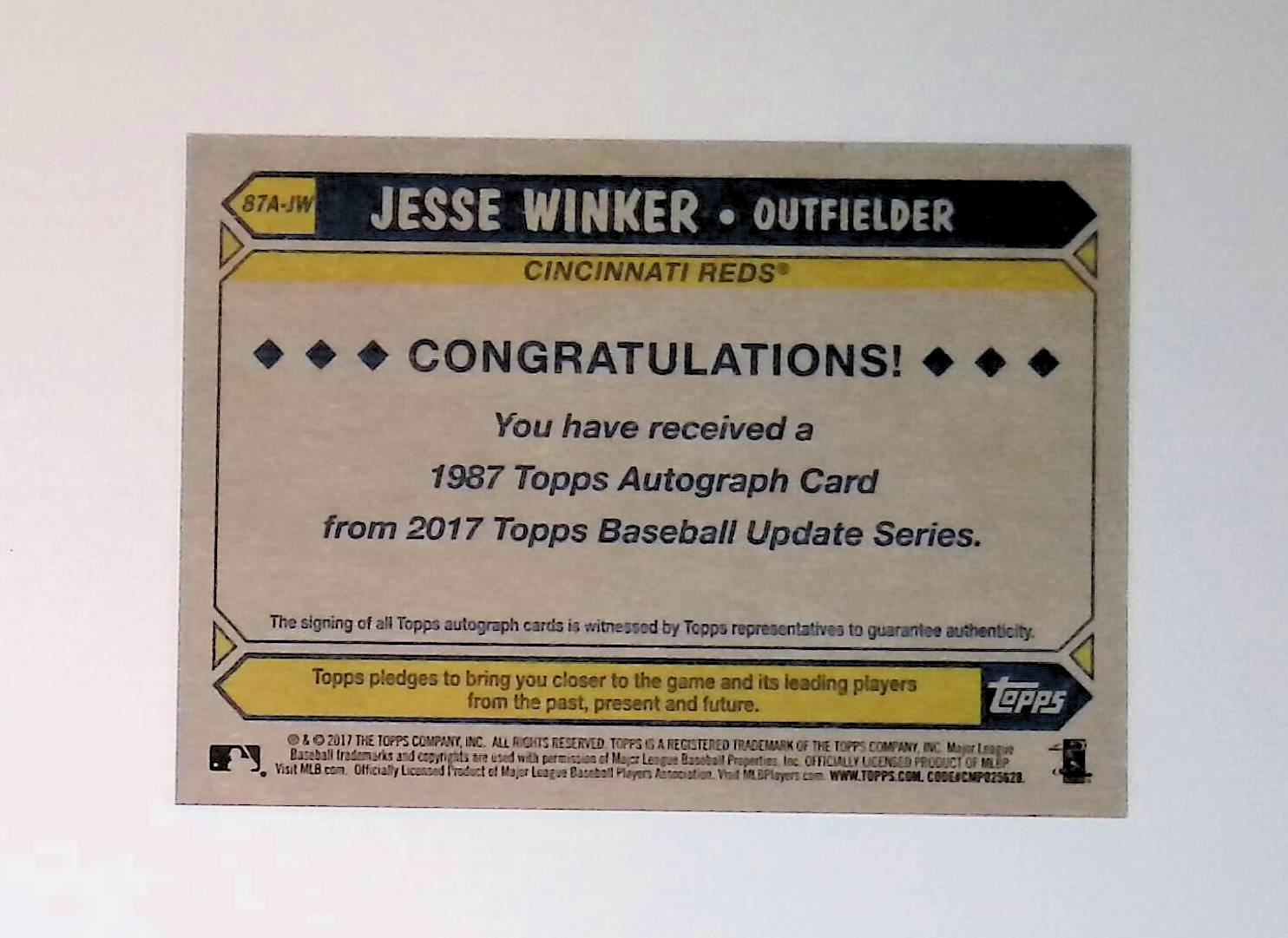 Jesse Winker 2017 Topps Update '87 Topps Autographs #87A-JW (Rookie Card) - LoCo Collectables