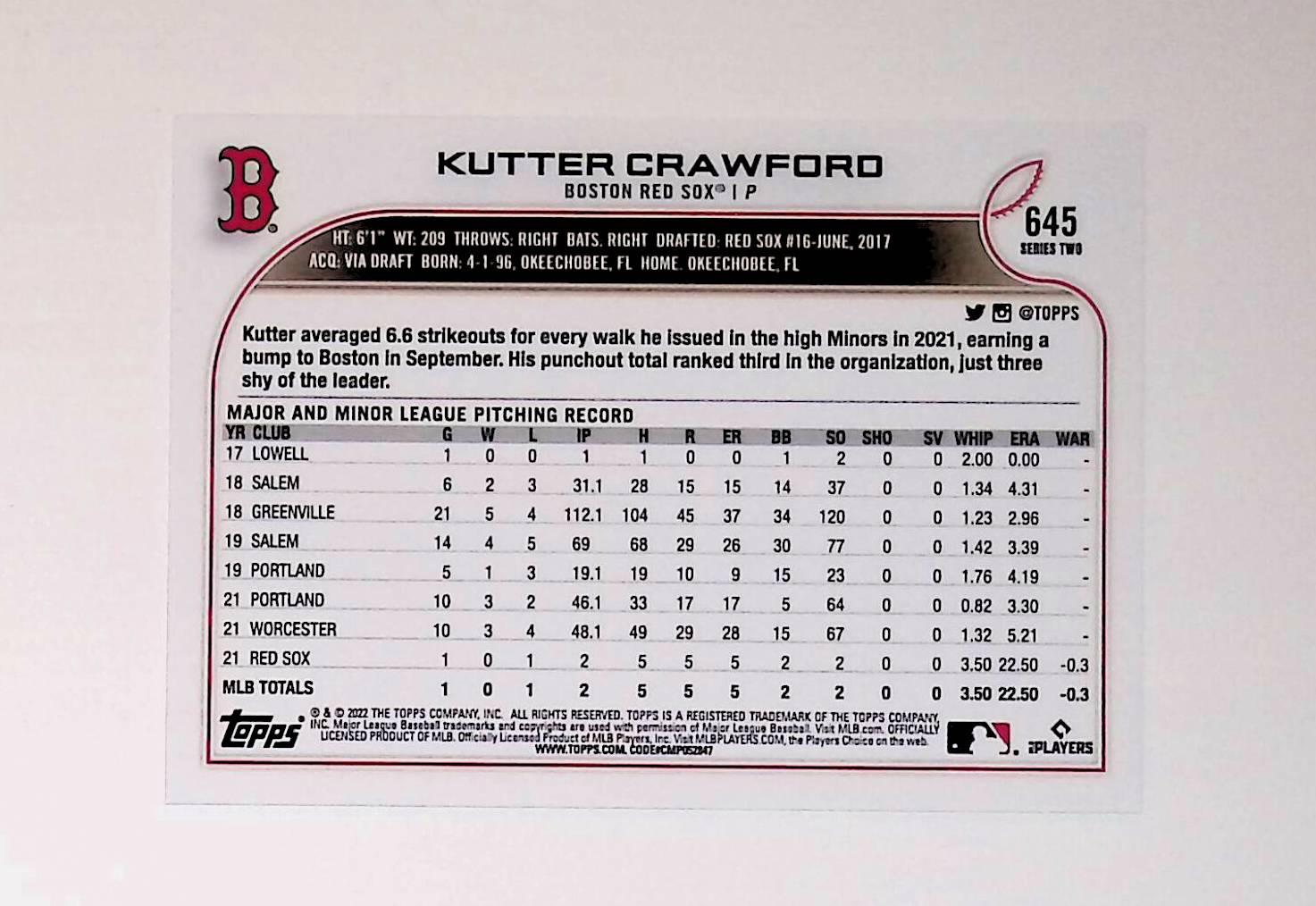 2022 Topps #645 Kutter Crawford Rookie - LoCo Collectables