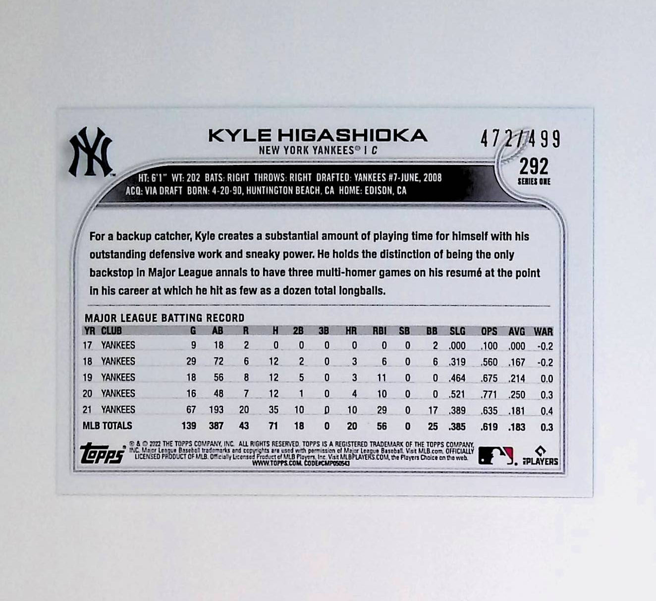 Kyle Higashioka 2022 Topps Green Foilboard #292, 472 /499 - LoCo Collectables