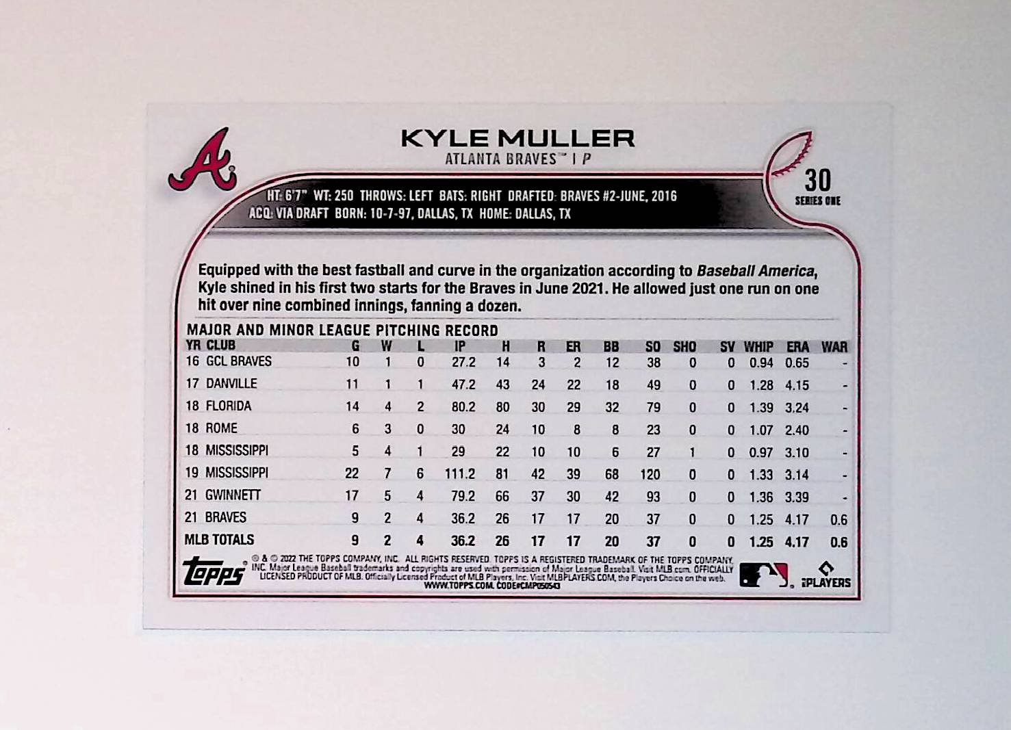 Kyle Muller 2022 Topps #30 (Rookie Card) - LoCo Collectables