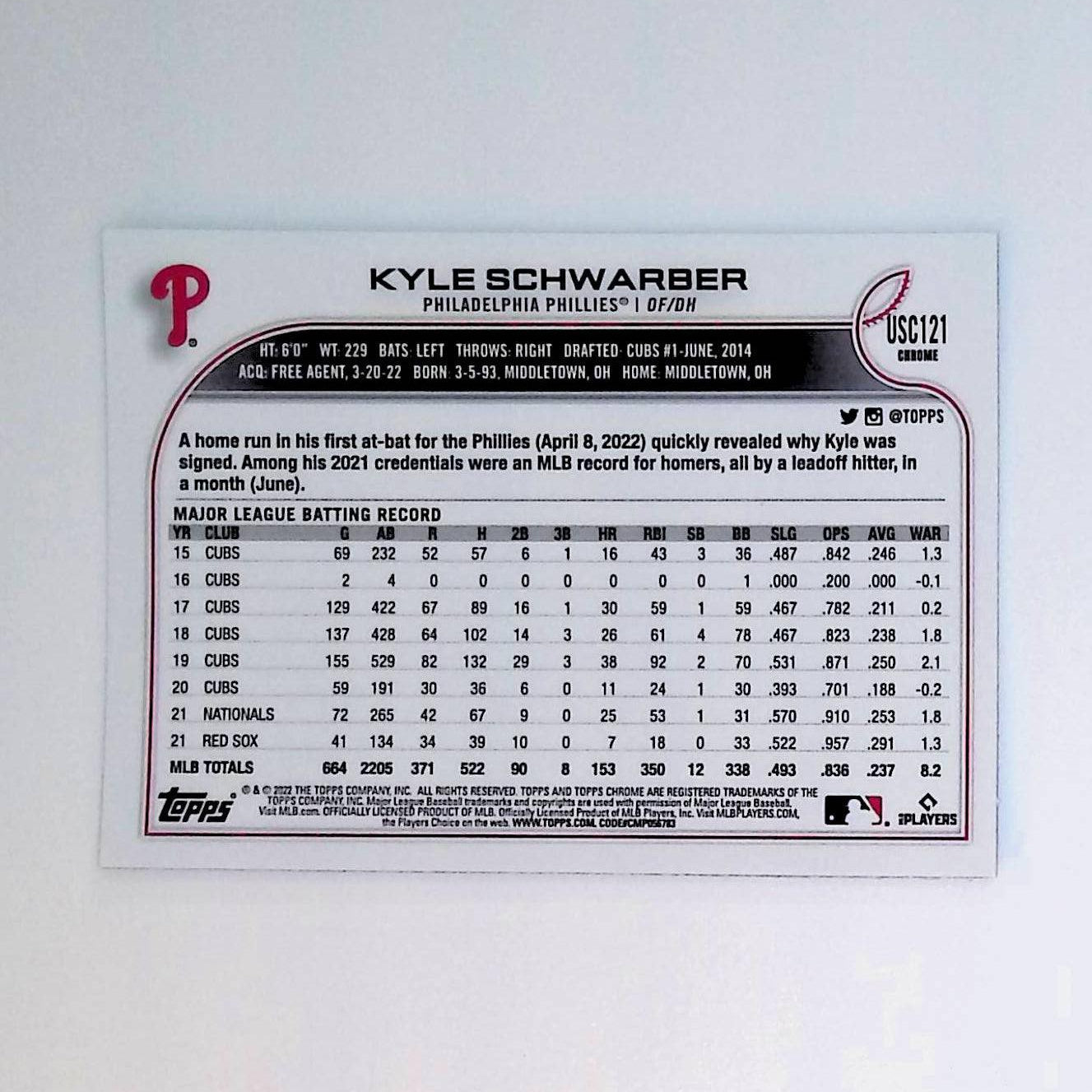 2022 Topps Chrome Update #USC121 Kyle Schwarber Purple Refractor - LoCo Collectables