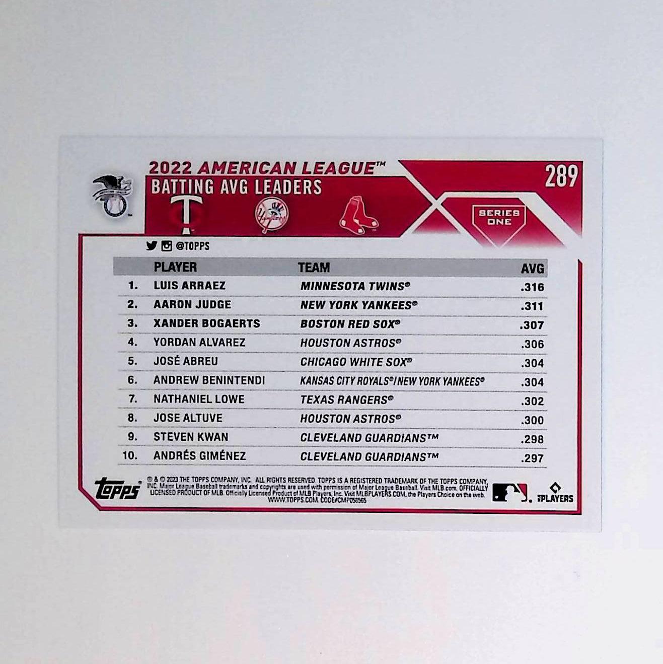 Luis Arraez, Aaron Judge, Xander Bogaerts "2022 AL Batting AVG Leaders" 2023 Topps Rainbow Foil #289 - LoCo Collectables
