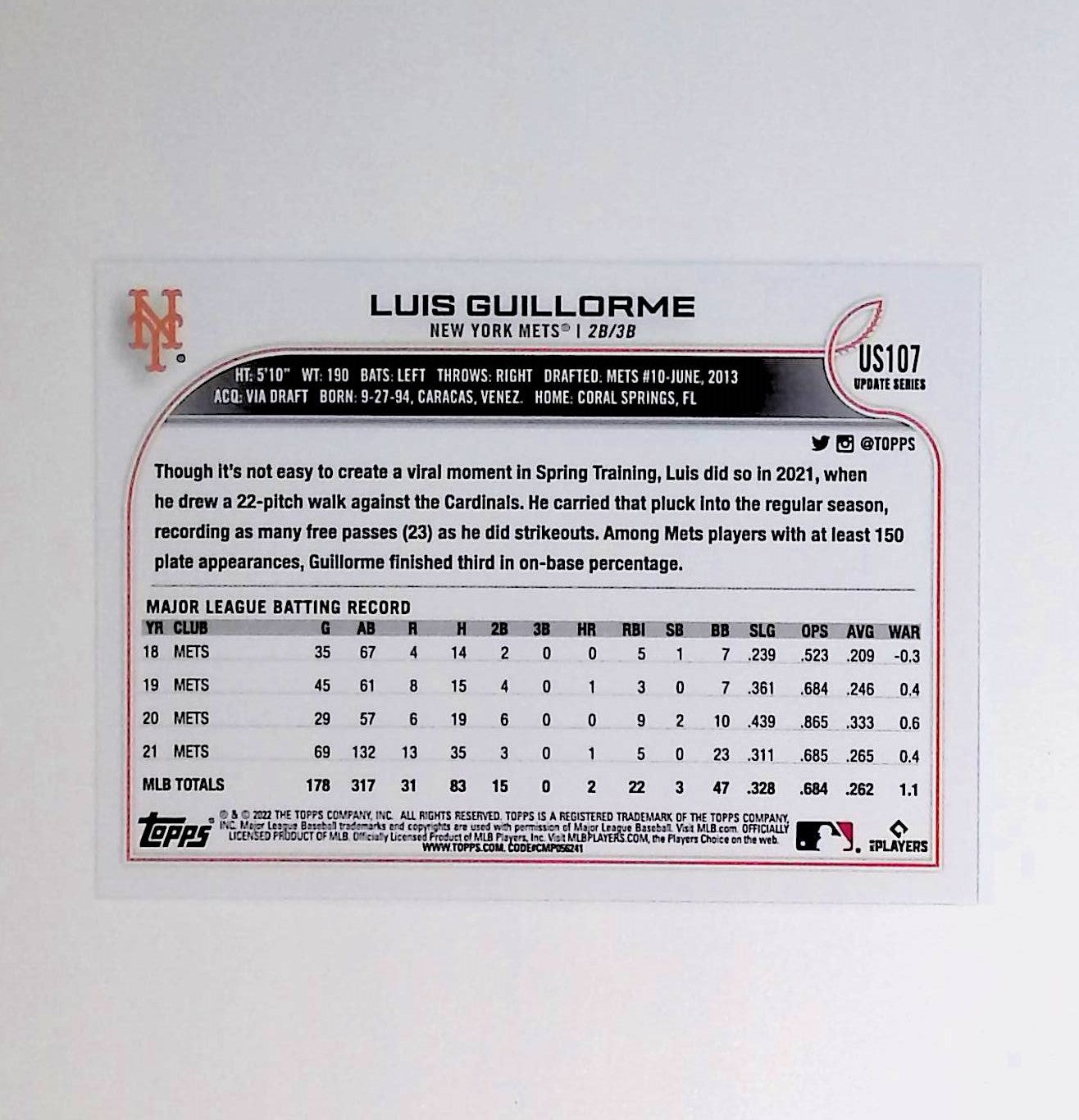 Luis Guillorme 2022 Topps Update Rainbow Foil #US107 - LoCo Collectables