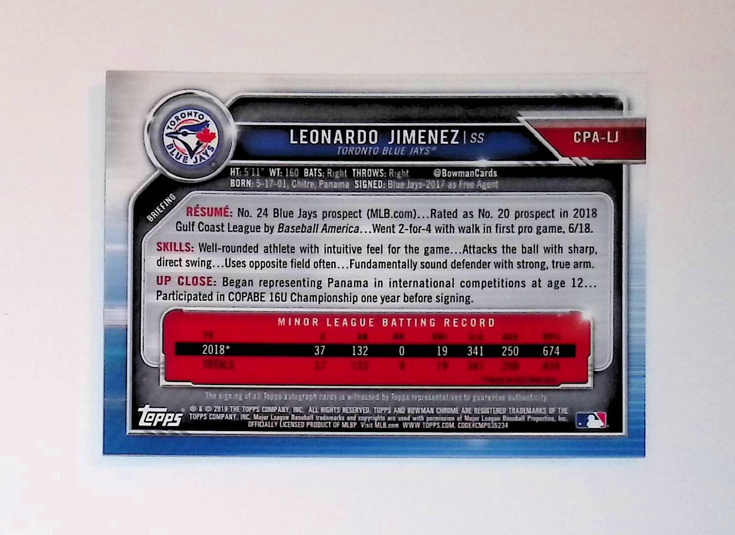 Leonardo Jimenez 2019 Bowman Chrome Prospect Autographs #CPA-LJ - LoCo Collectables