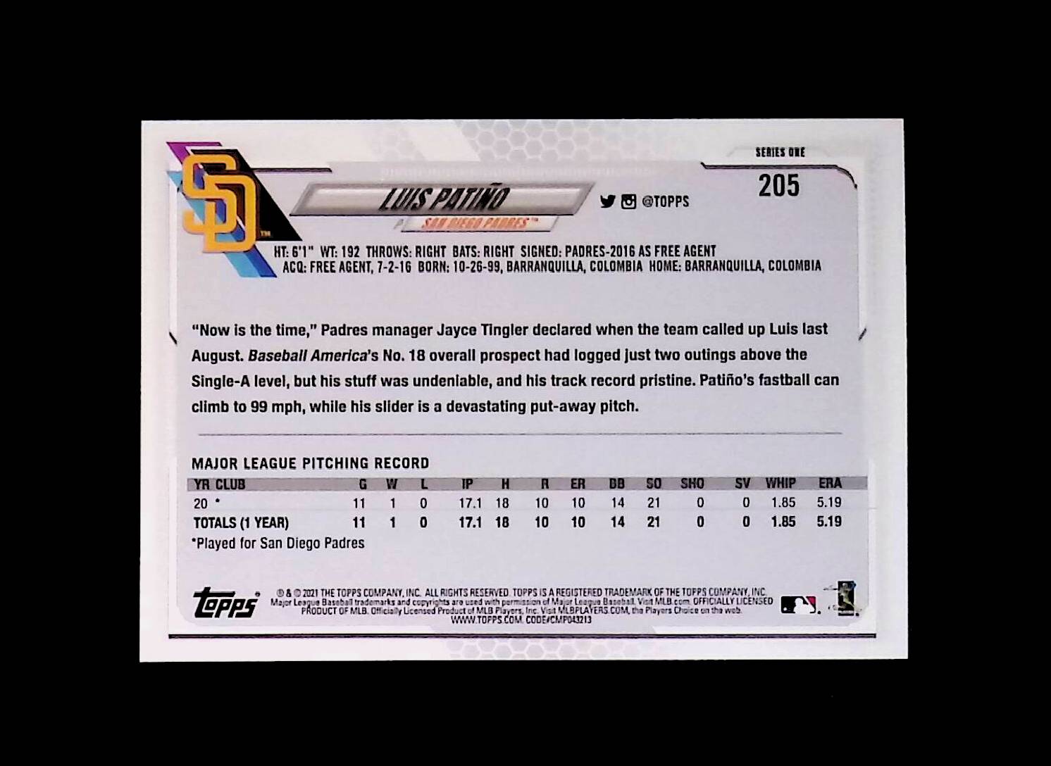 Luis Patino 2021 Topps #205 (Rookie Card) - LoCo Collectables