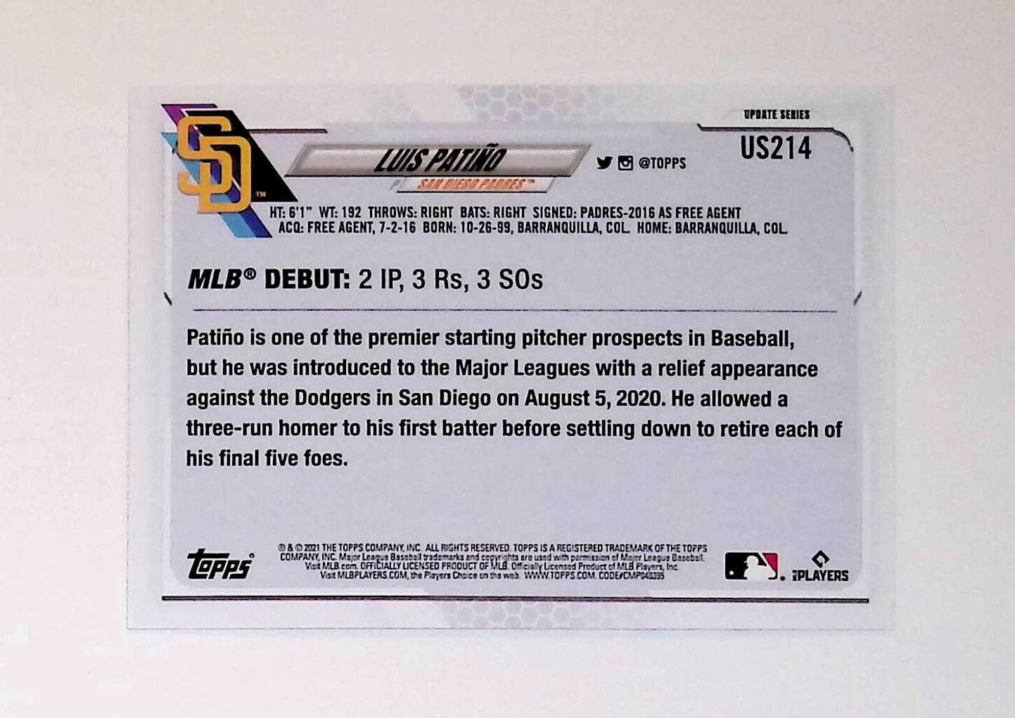 Luis Patino 2021 Topps Update Rainbow Foil #US214 (Rookie Card) - LoCo Collectables