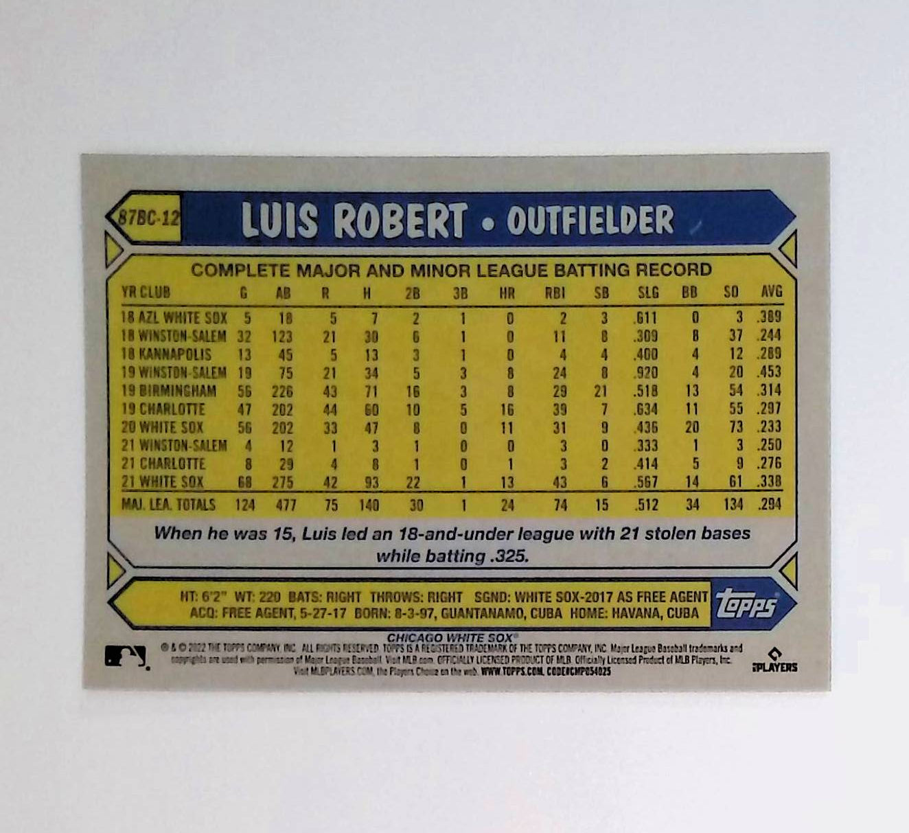 Luis Robert 2022 Topps Chrome '87 Topps #87BC-12 - LoCo Collectables