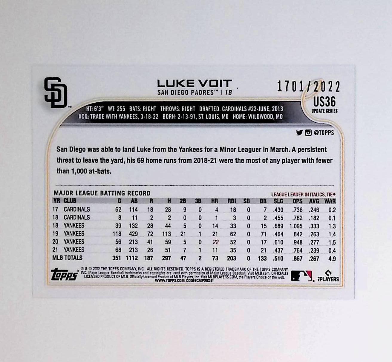 2022 Topps Update Gold #US36 Luke Voit - LoCo Collectables