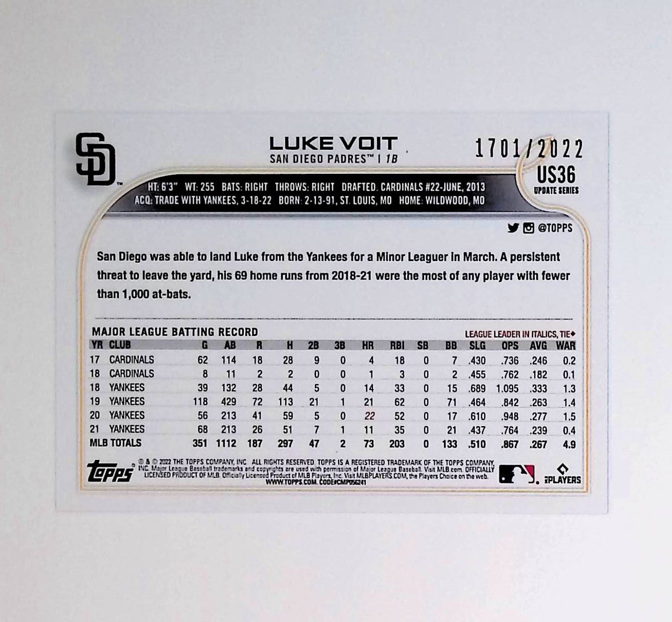 Luke Voit 2022 Topps Update Gold #US36, 1701 /2022 - LoCo Collectables