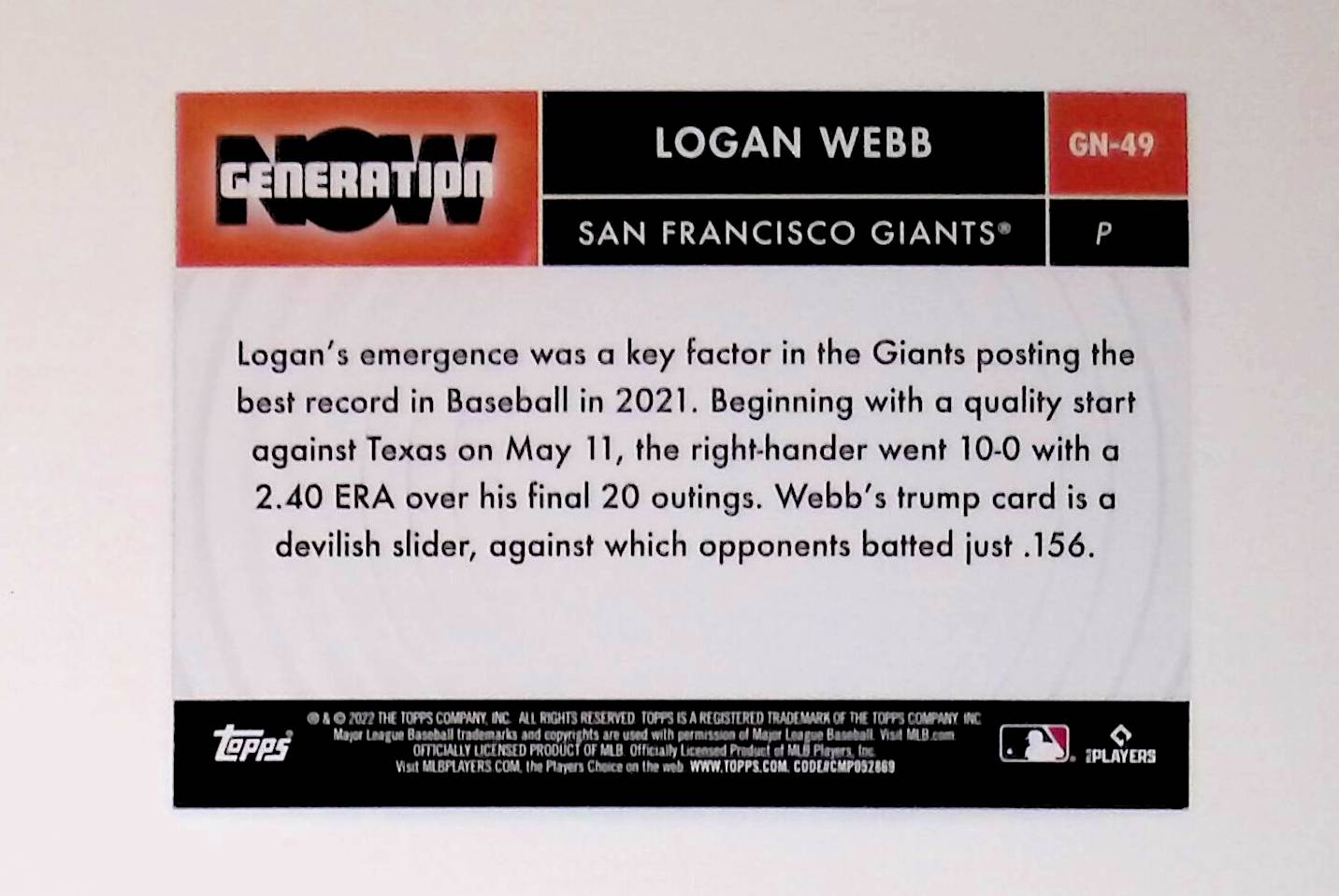 Logan Webb 2022 Topps Generation Now #GN-49 - LoCo Collectables