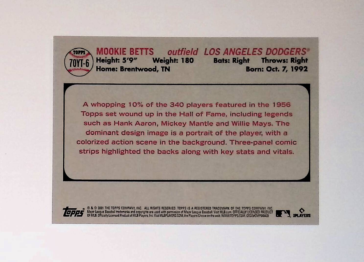 Mookie Betts 2021 Topps Update 70 Years of Topps Baseball #70YT-6 - LoCo Collectables