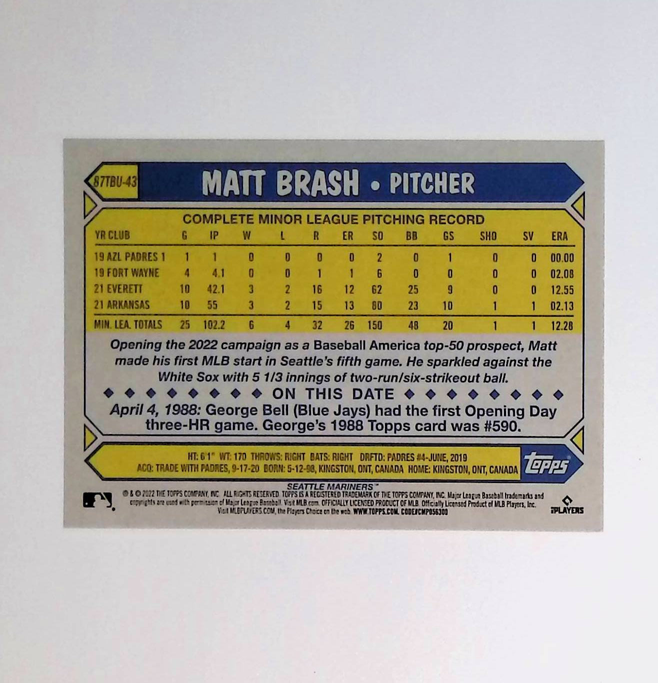 Matt Brash 2022 Topps Update '87 Topps #87TBU-43 (Rookie Card) - LoCo Collectables