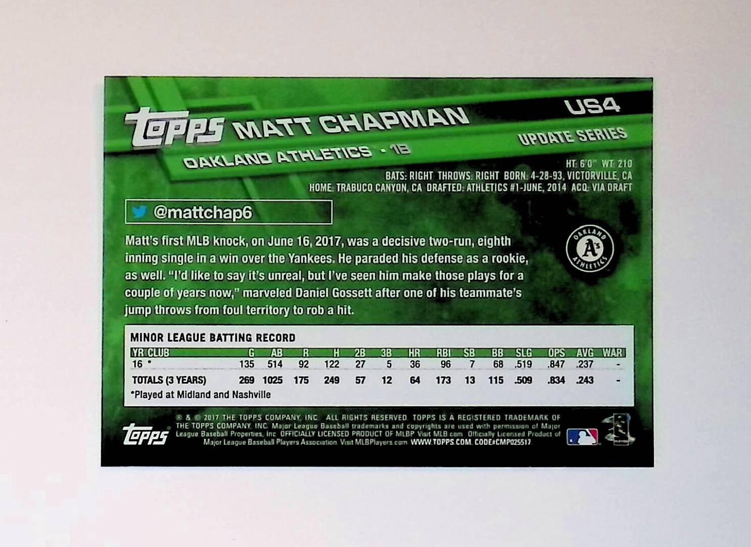 Matt Chapman 2017 Topps Update #US4 (Rookie Card) - LoCo Collectables