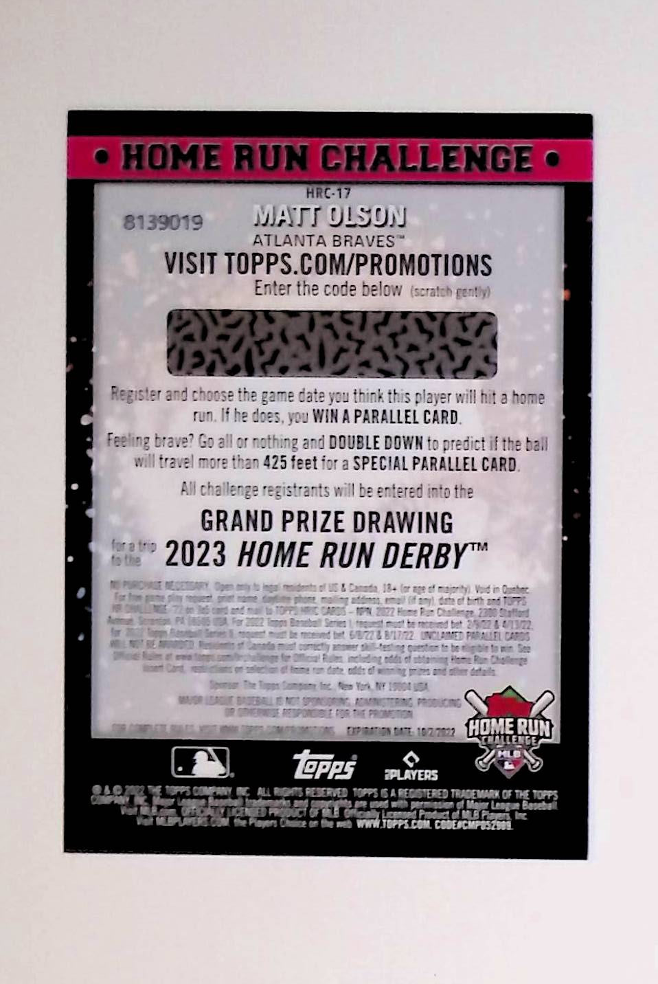 Matt Olson 2022 Topps Home Run Challenge Code Cards #HRC-17 (Unscratched) - LoCo Collectables