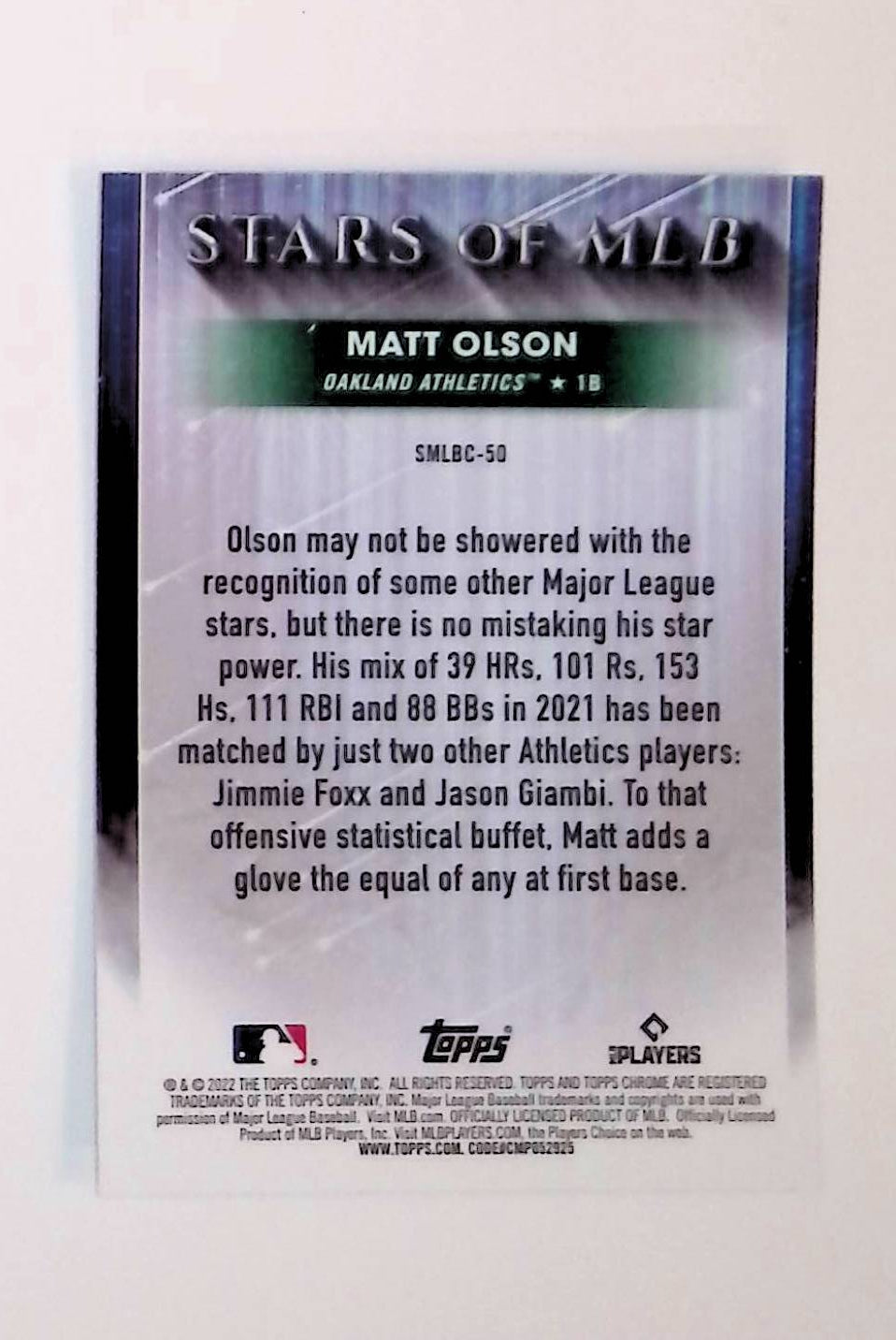 Matt Olson 2022 Topps Stars of MLB Chrome #SMLBC-50 - LoCo Collectables