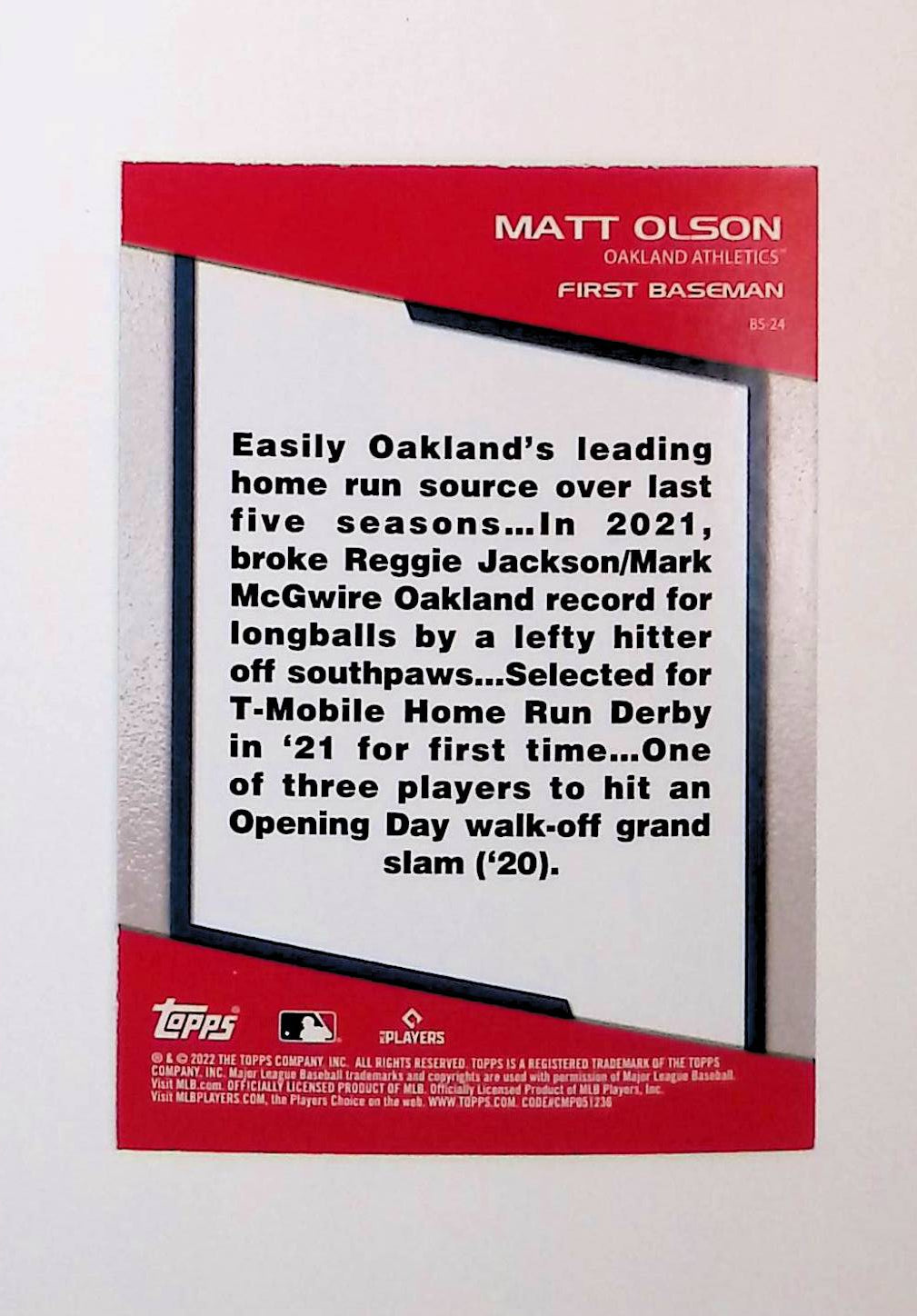 Matt Olson 2022 Topps Opening Day Bomb Squad Rainbow Foil #BS-24, 98 /99 - LoCo Collectables