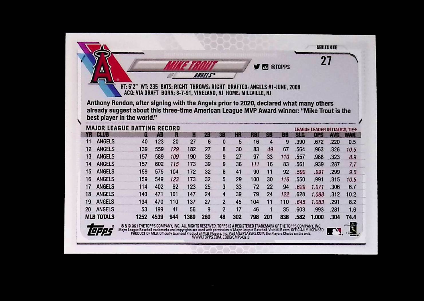 Mike Trout 2021 Topps #27 - LoCo Collectables