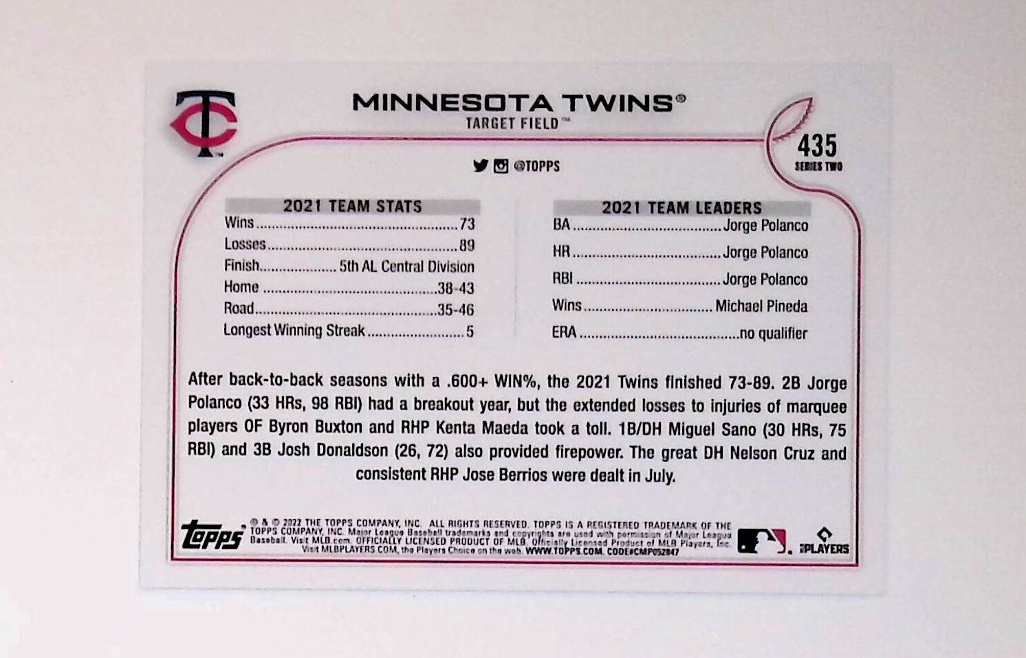 Minnesota Twins 2022 Topps Royal Blue #435 - LoCo Collectables