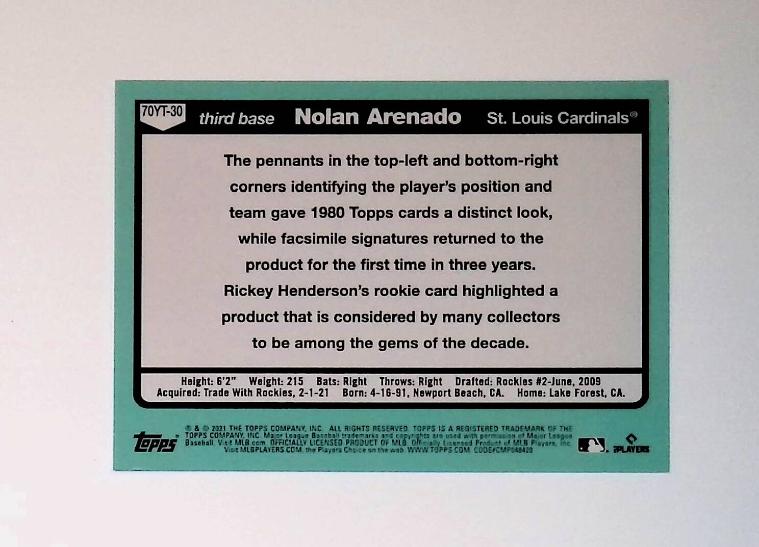 Nolan Arenado 2021 Topps Update 70 Years of Topps Baseball #70YT-30 - LoCo Collectables