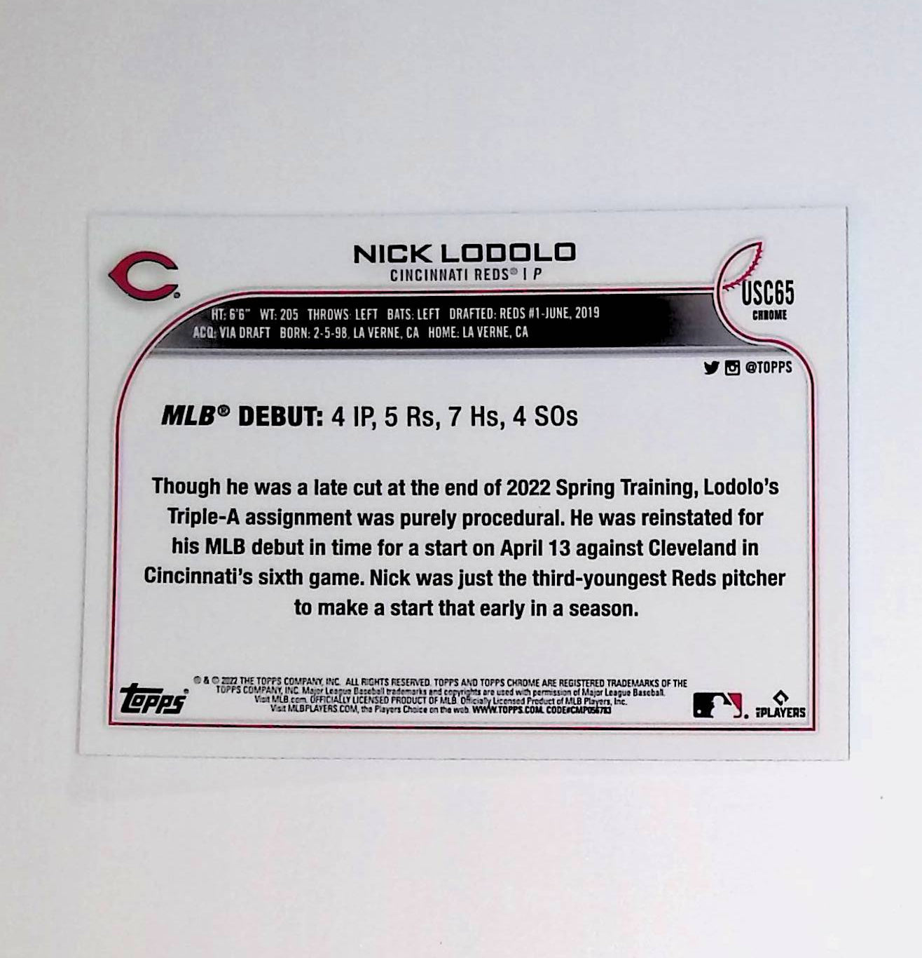 Nick Lodolo 2022 Topps Chrome Update #USC65 (Rookie Card) - LoCo Collectables