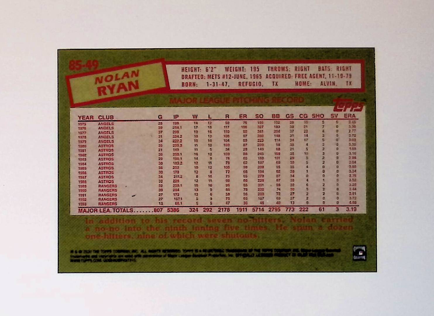 Nolan Ryan 2020 Topps '85 Topps #85-49 - LoCo Collectables