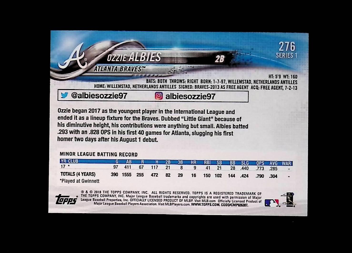 2018 Topps #276 Ozzie Albies Rookie - LoCo Collectables
