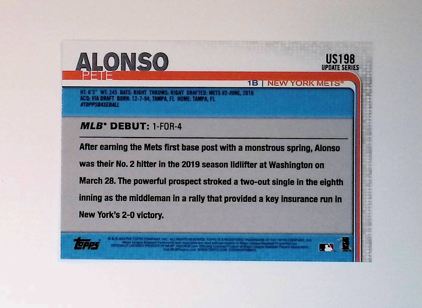 Pete Alonso 2019 Topps Update #US198 (Rookie Card) - LoCo Collectables