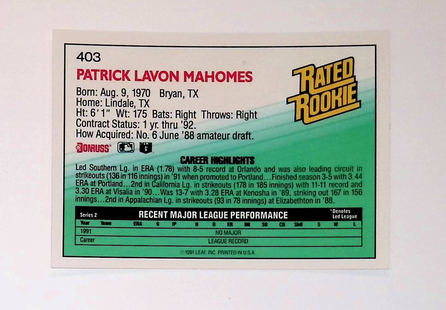 Pat Mahomes 1992 Donruss #403 Rated Rookie (Rookie Card) - LoCo Collectables