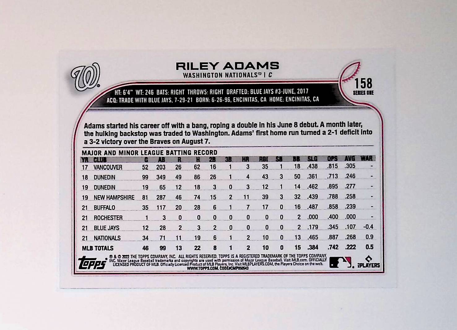 Riley Adams 2022 Topps #158 (Rookie Card) - LoCo Collectables