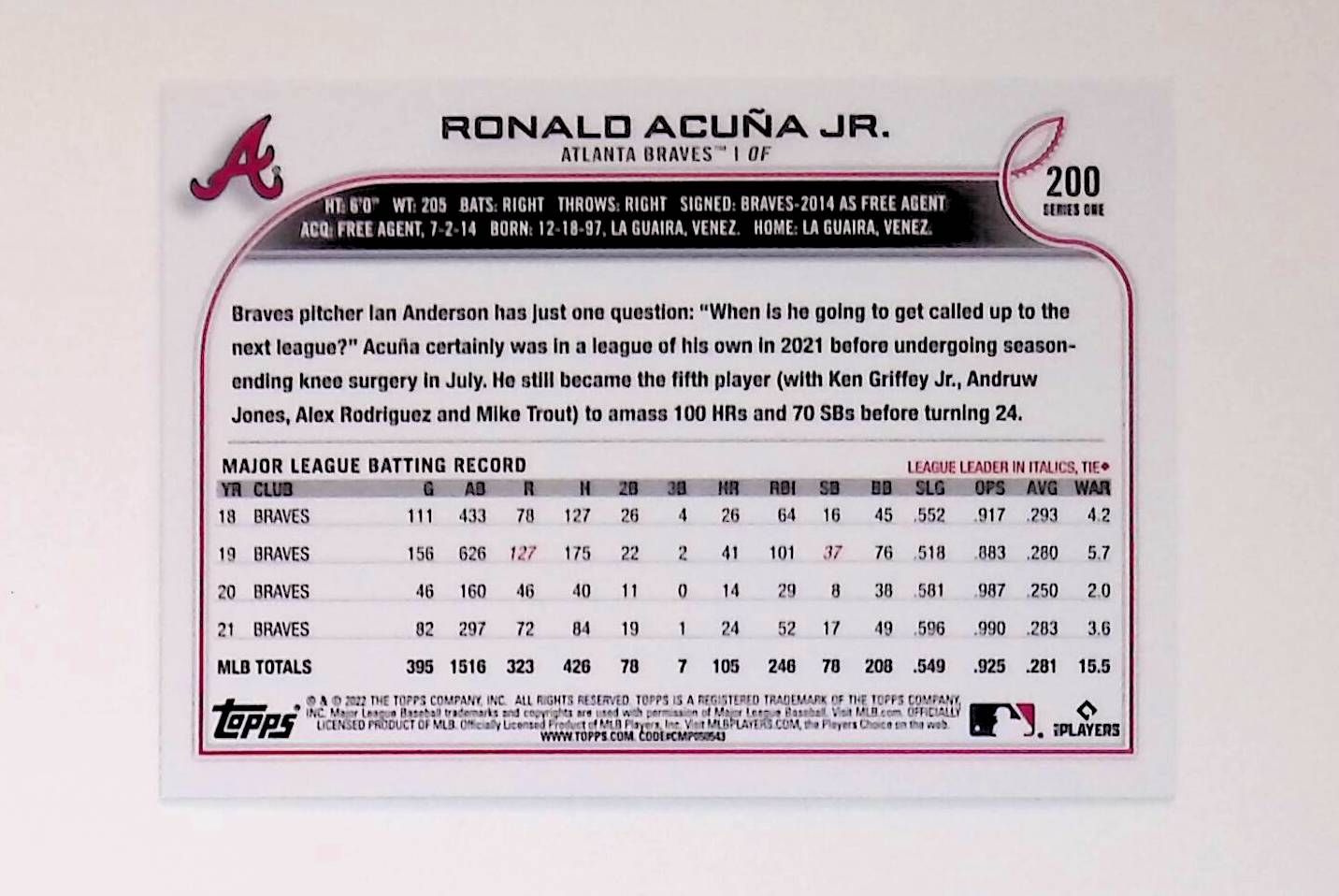 Ronald Acuna Jr 2022 Topps Rainbow Foil #200 - LoCo Collectables