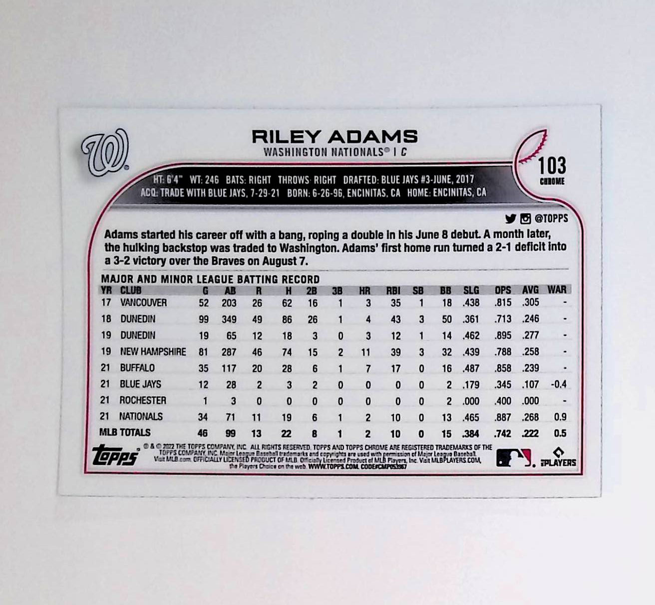 Riley Adams 2022 Topps Chrome #103 (Rookie Card) - LoCo Collectables