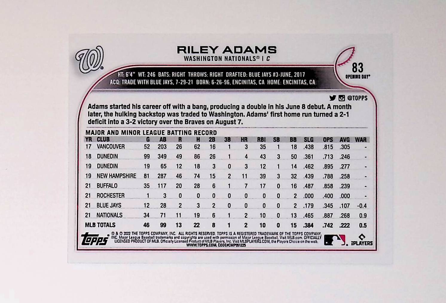 Riley Adams 2022 Topps Opening Day #83 (Rookie Card) - LoCo Collectables