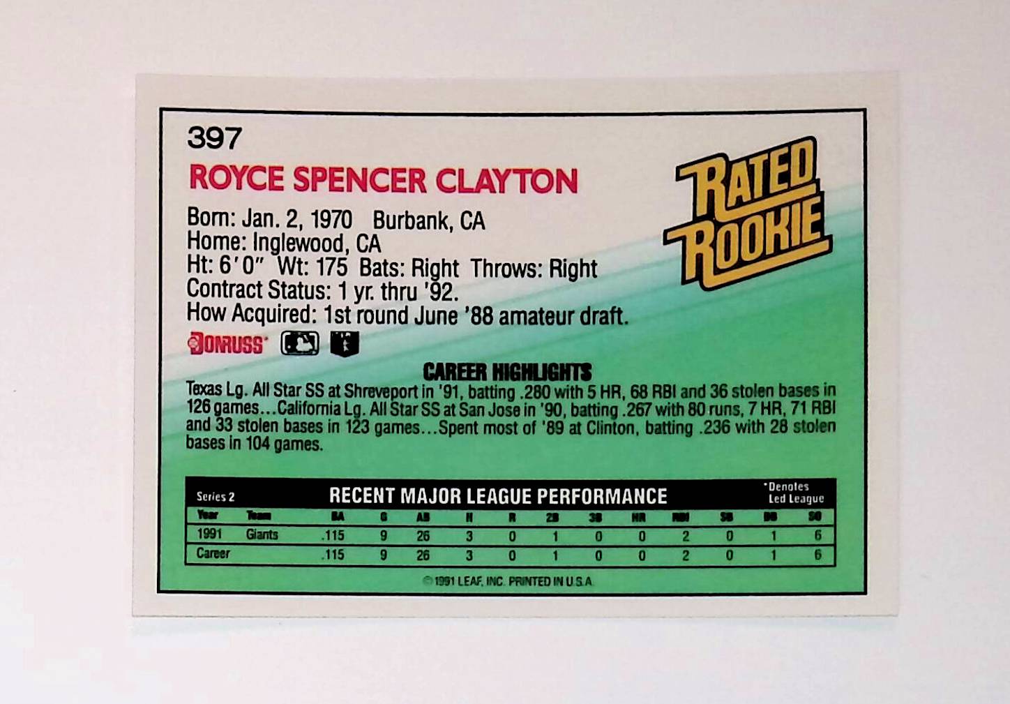 Royce Clayton 1992 Donruss #397 Rated Rookie (Rookie Card) - LoCo Collectables