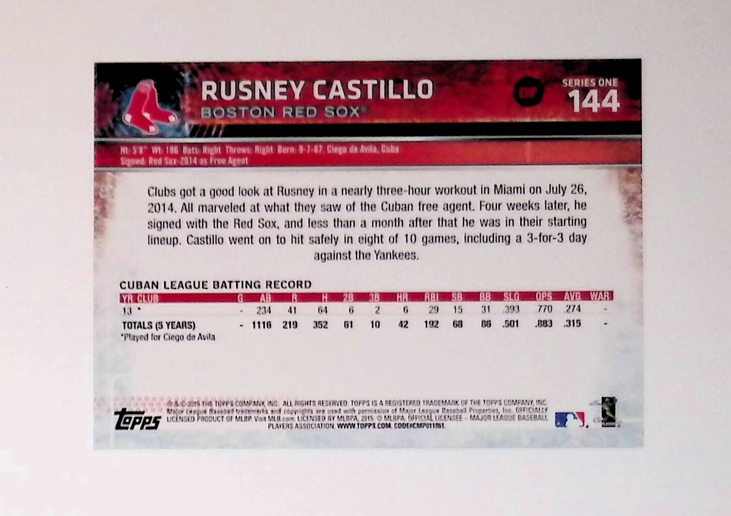 Rusney Castillo 2015 Topps #144 (Rookie Card) - LoCo Collectables