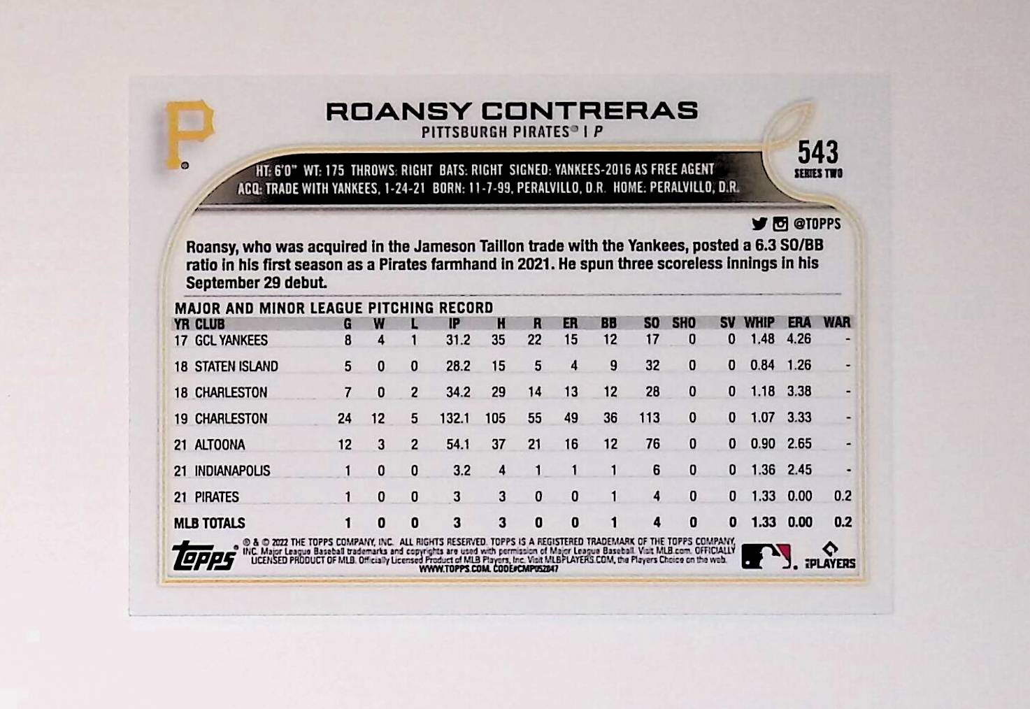 Roansy Contreras 2022 Topps #543 (Rookie Card) - LoCo Collectables