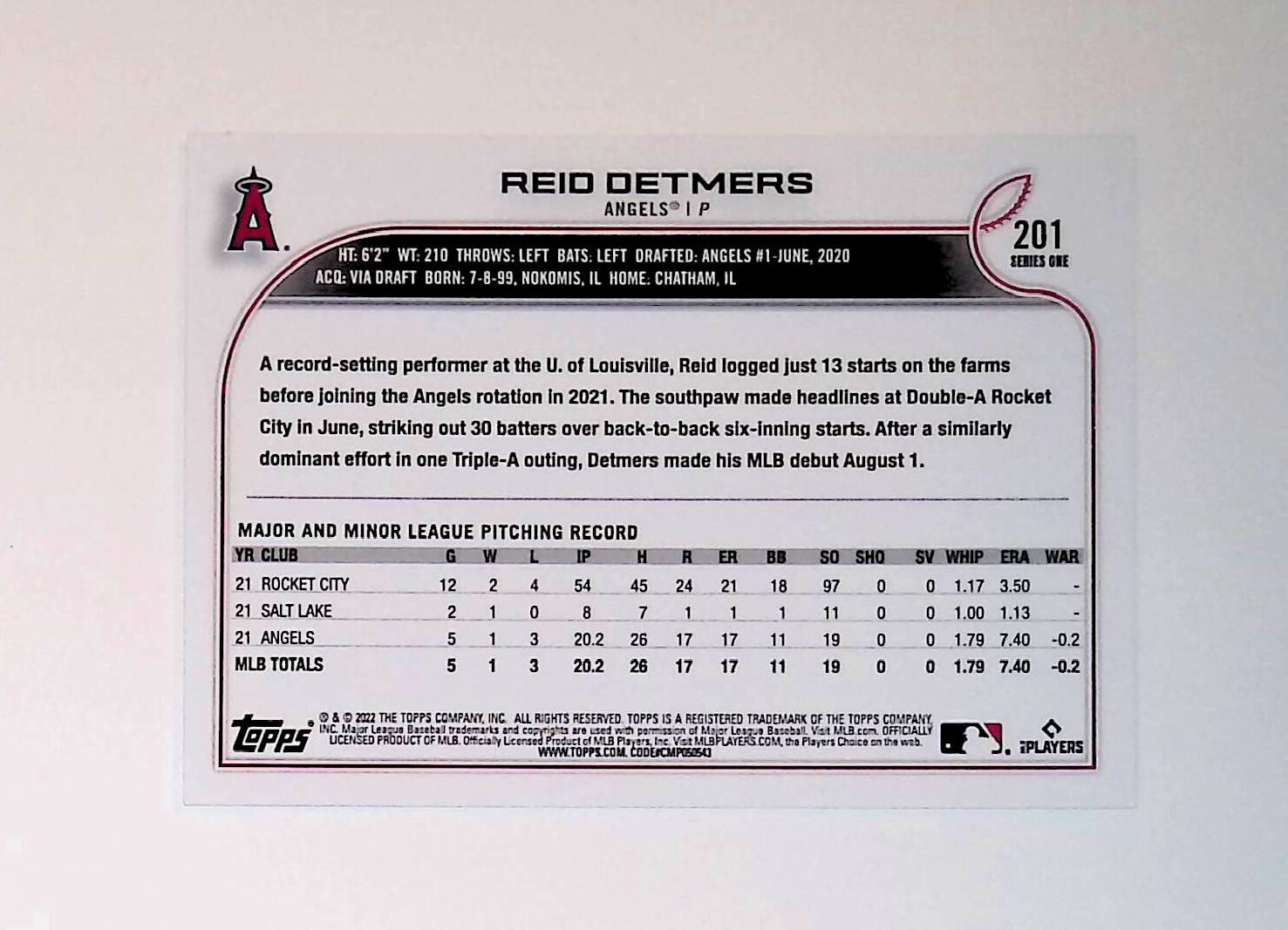 Reid Detmers 2022 Topps #201 (Rookie Card) - LoCo Collectables