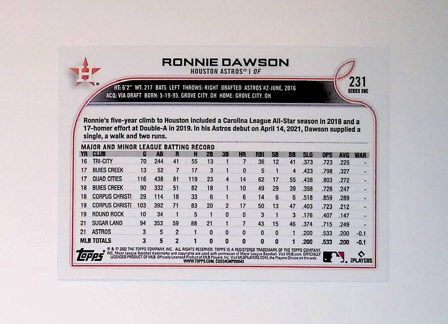 Ronnie Dawson 2022 Topps #231 (Rookie Card) - LoCo Collectables