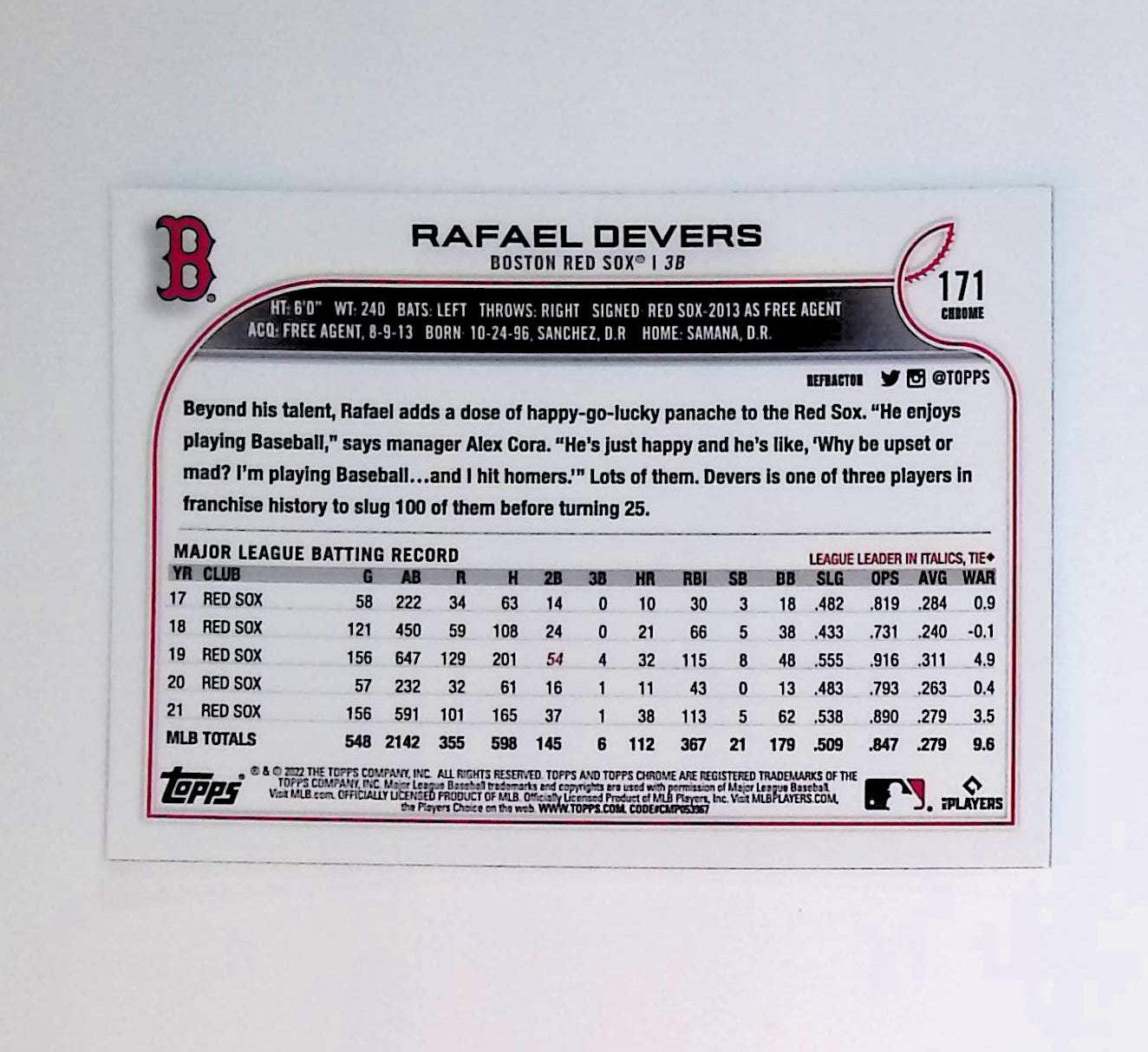 Rafael Devers 2022 Topps Chrome Refractors #171 - LoCo Collectables